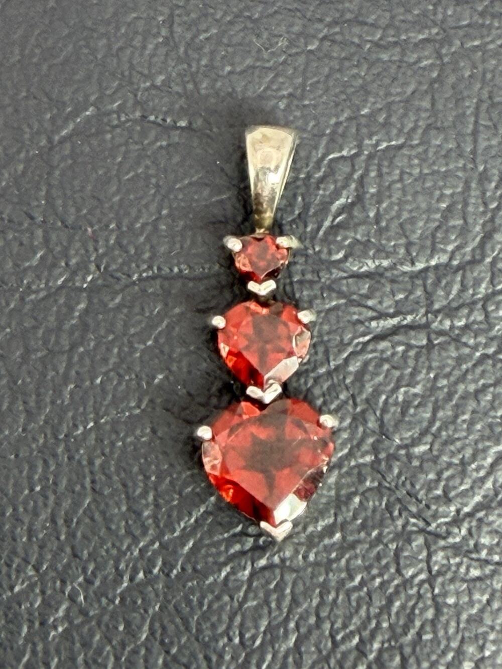 Vintage Red Heart Three Stone Drop Pendant Mixed Metal Estate Jewelry